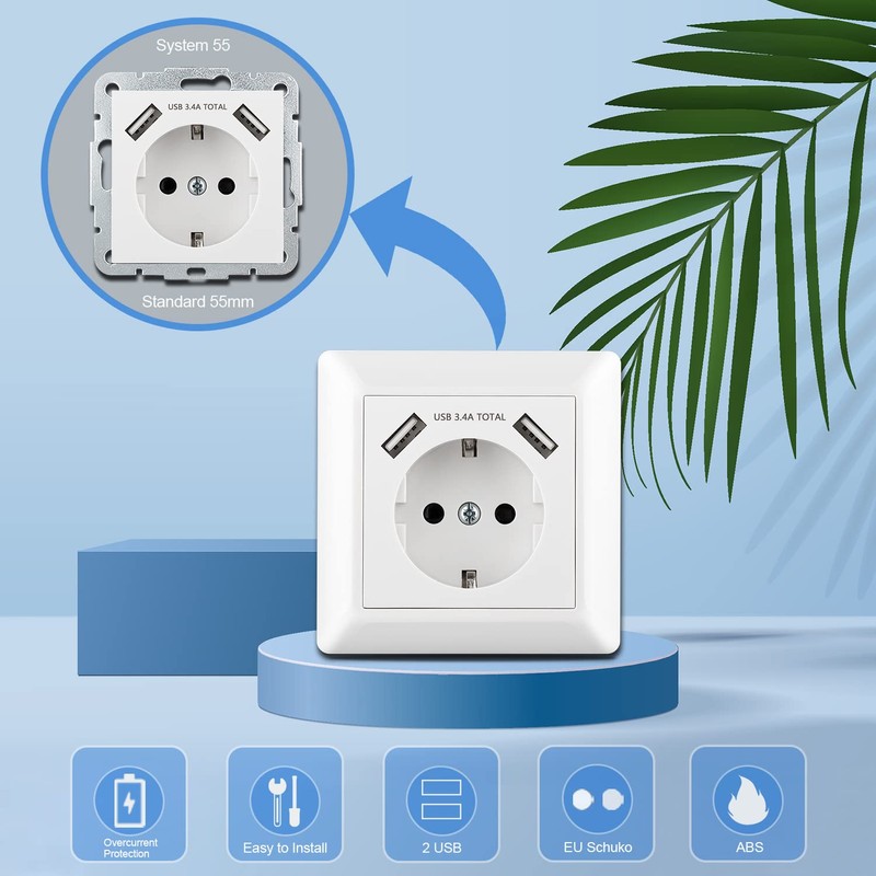 Kaifire USB Socket, Flush-Mounted Socket with USB Charger Connection (Max.