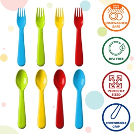 Plaskidy 16 Pc Plastic Toddler Utensils Set - 8 Kids Forks & 8 Kids Spoons, BPA Free/Dishwasher Safe, Brightly Colored Silverware, Great for Toddlers