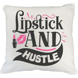 Lipstick & Hustle Quote w/Artsy Design - Beauty Themed Merch for Makeup Artist or Cosmetologist, Gift for Makeup Lovers, Pillow Cover, White 20X20 in