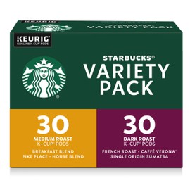 Starbucks K-Cup Coffee Pods, Starbucks Blonde, Medium and Dark Roast Hot or Iced Coffee, Variety Pack, 60 Keurig Pods