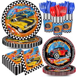 JVORFDG 168pcs Race Car Plates Napkins Hot Car Birthday Party Decorations Disposable Parper Cups Blue Forks Tableware Set Party Supplies for Kids Boys Birthday Decor 24 Guests