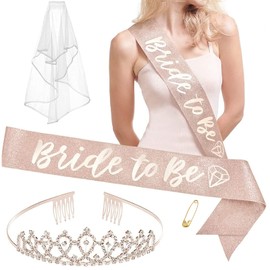 Bride to Be Bachelorette Party Decorations Kit Rose Gold Glitter Sash Veil Rhinestone Tiara | Bridal Shower Supplies| Wedding Engagement Party Favors Gift (Rose Gold)