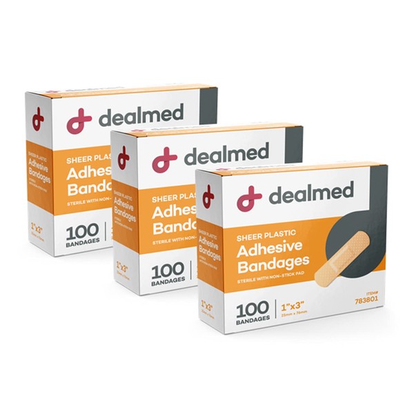 Dealmed Sheer Plastic Flexible Adhesive Bandages – 100 Count (3 Pack) Bandages with Non-Stick Pad, Latex Free, Wound Care for First Aid Kit, 1" x 3"