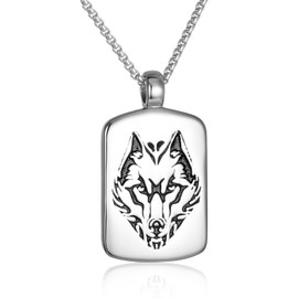 Viking Wolf Urn Necklace For Men Stainless Seel Dog Tag Cremation Jewelry For Ashes For Dad Memorial Pendant Keepsake Gifts (Silver)
