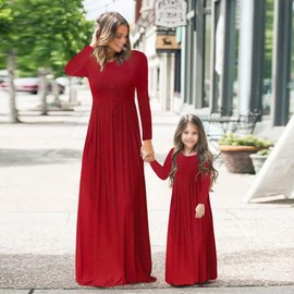 PopReal Mommy and Me Maxi Dresses Casual Floral Printed Plaid Long Sleeve with Pockets