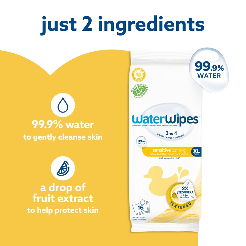 WaterWipes Sensitive+ Bathing Wipes, 3-In-1 Cleans, Cares, Protects, 99.9% Water,