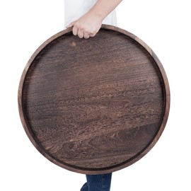 Round Ottoman Tray for Coffee Table Living Room Wood Serving Tray Large Wooden 24 Inches Rustic Brown