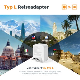 TESSAN Adapter Italy Socket USB C, Travel Adapter Italy Plug Adapter with 3 USB, Travel Plug Type L, Socket Adapter Germany to Italy, San Marino, Chile, Uruguay, Libya, Eritrea