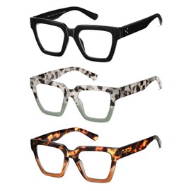 Kafirlo Oversized Reading Glasses For Women Readers Oprah Style Blue Light Blocking Computer Cheaters Designer Ladies Square Large Frame Stylish Fashion Funky Cute Trendy Big Head Best 3 Pack +1.00