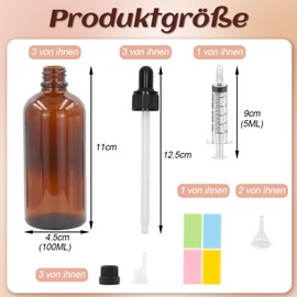 Episkey 3 x 100ml Braunglas Flaschen mit Pipettenflasche Pipette & Tropfeinsatz Aromatherapie Fläschchen Apothekerflasche Pipette für Ätherische Öle, DIY-Mischungen,Parfümöle (Braun, 100ml)