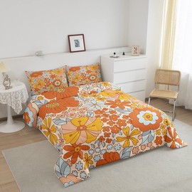 Castle Fairy Retro 70s 60s Floral Hippie Bedding Comforters Queen Size,Summer Groovy Flowers Comforter Set with 2 Pillowcases,Boho Plant 3pcs Children Adult Duvet Set,Soft