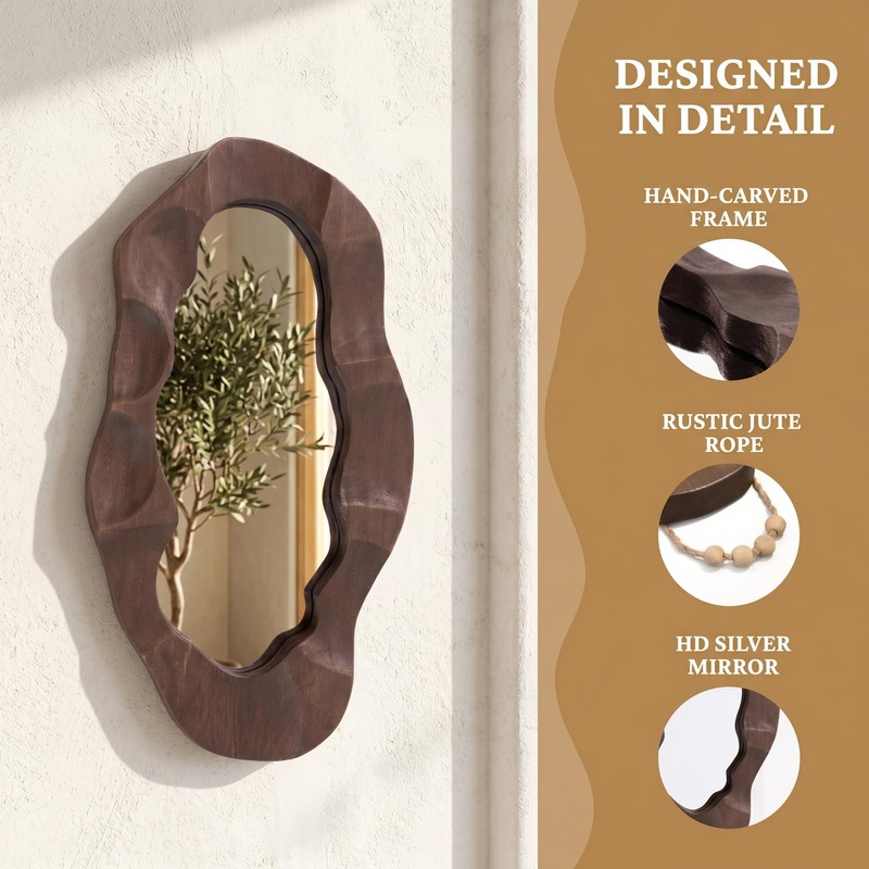 Handcrafed Rustic Wood Framed Wall Mirror, Wavy Irregular Oval Shape
