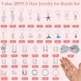 285PCS Silver Hair Jewelry for Braids, 37 Styles Loc Jewelry Charms for Women and Men, Adjustable Metal Hair Cuffs Rings and Clips, Braids and Dreadlocks Accessories, Braiding Hair Jewelry Decorations