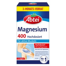 Abtei Magnesium 400 - Magnesium Tablets to Support Healthy Muscle Function - High Dose, 400 mg Magnesium - Gluten Free, Lactose Free, Vegan - Supply Pack for 3 Months, 90 Tablets