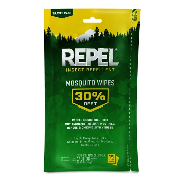 Repel 94100 Sportsmen 30-Percent Deet Mosquito Repellent Wipes, 15 Count 6-Pack