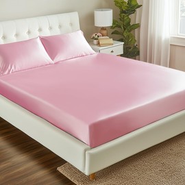 Love's cabin Satin Fitted Sheet Queen Size - Pink Silky Bed Sheet with Deep Pocket, Luxury Soft Non-Fading Silk Feel Single Bottom Satin Bed Fitted Sheet