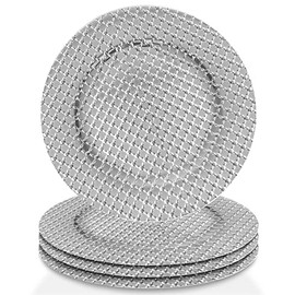 ChargeIt by Jay Charger Large 13” Set of 4 Decorative Service Plate for Home, Professional Fine Dining Perfect for Upscale Events, Dinner Parties, Weddings, Ban, Silver, Silver