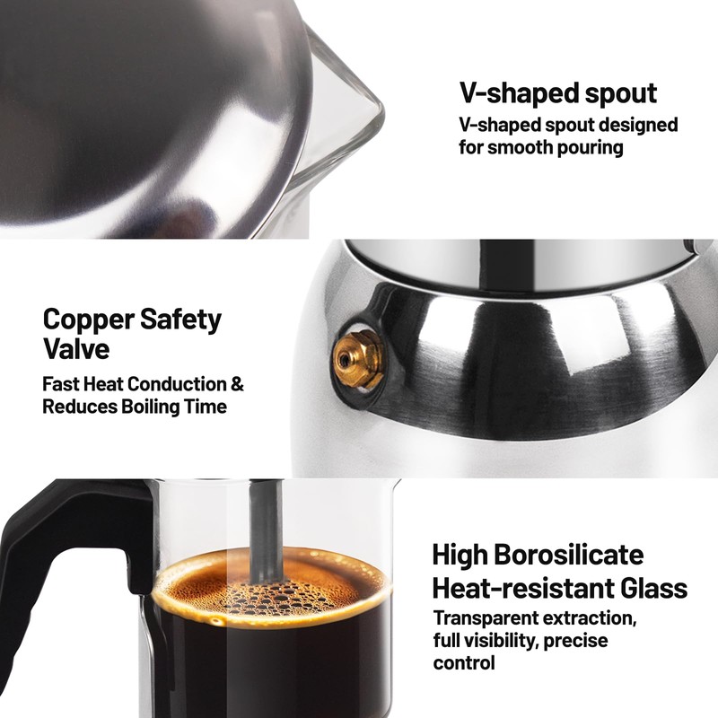 Vaolvpant 4 Cup Glass Clear Moka Pot Thickened 304 Stainless