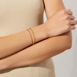 KissYan Gold Bracelets for Women, Dainty 14K White Gold Plated Layered Paperclip Tiny Pearl Cuban Link Chain Bracelet Set Adjustable Cute Trendy Jewelry Gift(G-paperclip rope)