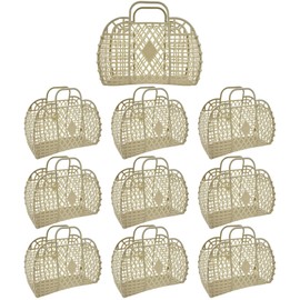 10 PCS Jelly Purse Jelly Basket Beach Bags, Reusable Plastic Beach Tote Basket for Women Girls Kids (Beige)
