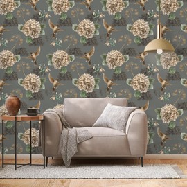 EaseStick Sparrow Hydrangea Floral Wallpaper Pewter Green Botanical Peel and Stick Wallpaper Bird Floral Contact Paper 17.7"x160" Waterproof Removable Vintage Flower Vinyl Wall Paper Mural for Bedroom