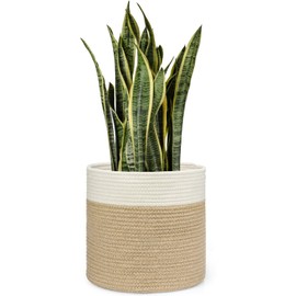 Dahey Jute Spliced Cotton Rope Plant Basket Modern Woven Storage Basket for 12.5" Floor Indoor Planter, Decorative Flower Pots Cover Laundry Bin with Handle Rustic Home Decor, White and Beige