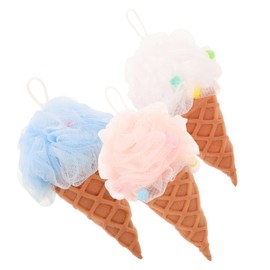 PACKOVE 3pcs Ice Cream Shaped Bath Sponges Mesh Pouf Shower Scrubber Body Cleaning Supply Exfoliating Bath Balls in Pink White Blue for Gentle Skin Care