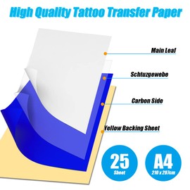 Tattoo Transfer Paper, 25 Sheets A4 Blueprint Stencil Paper Tattoo, Printer Paper, Carbon Paper, Carbon Paper, Tracing Paper with Blue, Professional Ink for Hands-Free and Thermal Printers