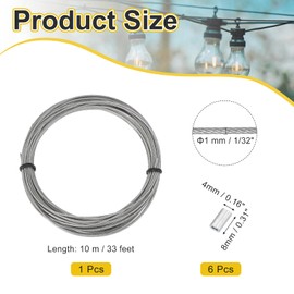 PATIKIL 1/32" Wire Rope, 33 ft 304 Stainless Steel Wire Cable Black Vinyl Coated with 20pcs M1 Crimping Sleeves, Clear