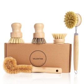 Bamboo Dish Brush Set - 5 Packs Natural Wooden Kitchen Brush, 4 Dish Scrubbers with One Replacement Head, Cleaning for Pots, Bottles and Vegetables