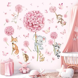 decalmile Animal Flower Pink Dandelion Wall Stickers Forest Animals Elephant Fox Monkey Wall Decals Baby Nursery Girls Bedroom Kids Room Wall Decor