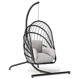 YITAHOME Hanging Egg Chair with Stand, Rattan Wicker Swing Egg Chair with Resistant Cushion, 350lbs Capacity, Foldable Hanging Rattan Basket Chair for Porch, Garden, Bedroom, Balcony, Grey