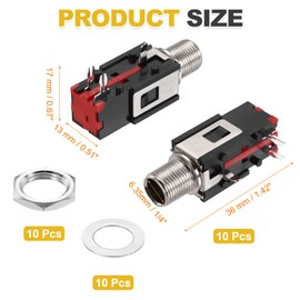 sourcing map 10pcs 1/4" 6.35mm Stereo Audio Jack, 50V 3 Pin Female PCB Mount Jack Video Connectors Stereo Headphone Socket with Nuts&Spacer for Headphone, Speaker, Car Audio, 36x17x13mm