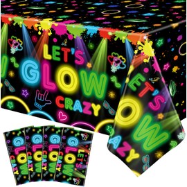 4 Pack Glow Party Tablecloth Let's Glow Neon Tablecloths Paint Splatter Graffiti Table Cloth Plastic Birthday Table Covers Black Light Decorations for Glow in The Dark Theme Party Supplies 51 x 86 in