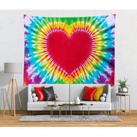 Loccor Colorful Tie Dye Tapestry Rainbow Heart Tie Dye Watercolor Wall Hanging Abstract Hippie Wall Decor LBGT Party Supplies Home Bedroom Living Room Decor W60 x H40 inches