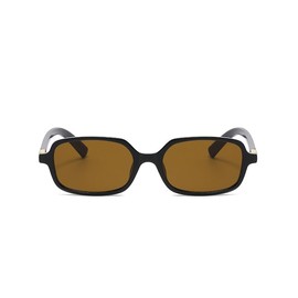 Retro Rectangular Sunglasses for Women Men Trendy Vintage 90s Small Narrow Square Sunnies (Black Frame - Brown Lens)