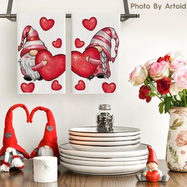 Artoid Mode Gnomes Love Valentine's Day Kitchen Towels Dish Towels, 18x26 Inch Seasonal Decoration Hand Towels Set of 2