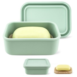 Leak Proof Silicone Travel Soap Case with Enhanced Draining Layer, Shatterproof Soap Holder for Traveling, Camping, Gym, Bar Soap Caddy (Matsuo Green+ Solid Color Cover)