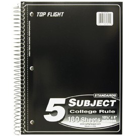 Top Flight Standards 5-Subject Wirebound Notebook, 180 Sheets, 3-Hole Punched, College Rule, 10.5 x 8 Inches, 1 Notebook, Color May Vary (31805)