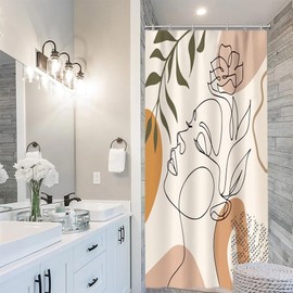 Xiaoterna Boho Shower Curtain Abstract Face Beige Bathroom Curtain Abstract Line Girl Face Flower Green Leaves Waterproof Machine Washable Shower Curtains for Home Bathroom Decoration 90x180cm