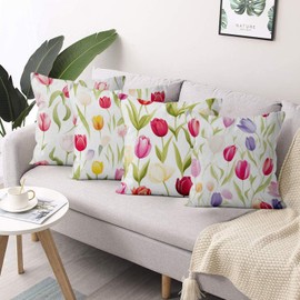 ASDCXZ Flower Pillow Cover 40x40 cm 4pcs Set, Fresh Rose Purple Yellow Flower Leaves Sofa Deco Pillow Covers Washable Polyester Flax Textile Outdoor Upholstery