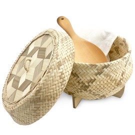 PANWA Handmade 100% Natural Thai Bamboo Sticky Rice “Electric Cooker Steamer Set”, Small Pot Insert ~ 6.5 Inch, Checkered Wicker Woven Lid, 16’’ Cheesecloth Filter, and Wooden Spoon