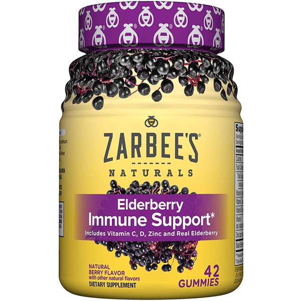Zarbee's Naturals Elderberry Immune Support* with Vitamin C & Zinc, Natural Berry Flavor, 42 Gummies