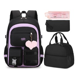 qodbopack 3PCS Girls Backpack For College Middle High School Student Teens Women Bookbag Waterproof Laptop Bag Black Purple