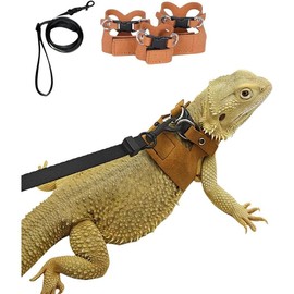 3 Pack Bearded Dragon Harness and Leash Set - Adjustable Soft Leather Lizard Harness Leash Small Animal Traction Rope Training Walking Vest Accessories for Reptile Squirrel Rat (Brown) - Color: Brown