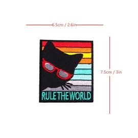 Rule The World Cool Cat Retro Patch, Iron-on/Sew-on Embroidered Badge Applique Funny Patch Patches for Backpacks, Jeans, Hats, DIY Accessories & Crafts, Jackets, Bags, Clothing