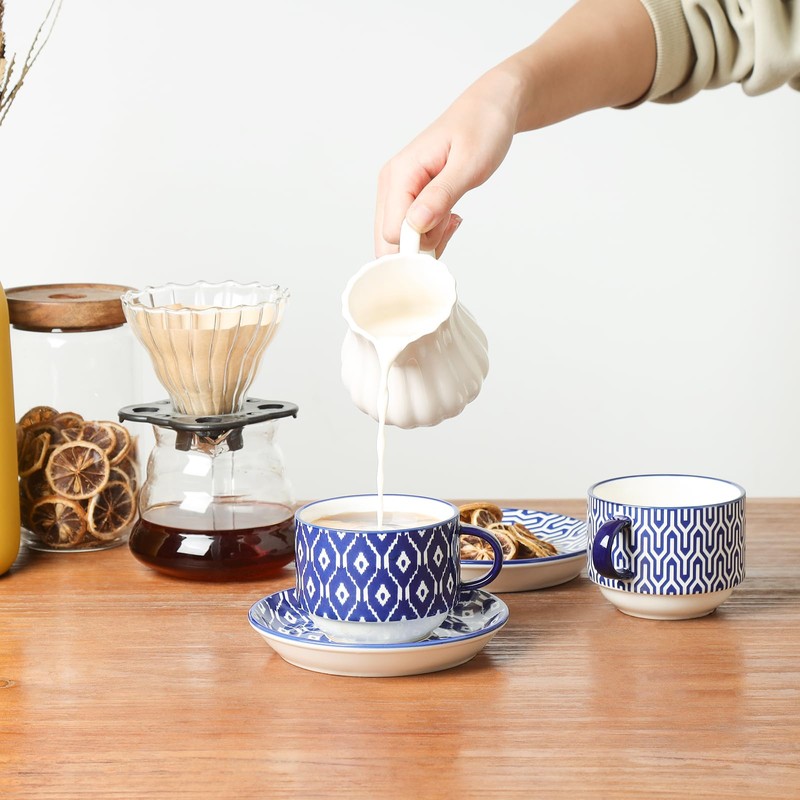 Selamica Ceramic Cappuccino Cups with Saucers and Metal Stand, 8