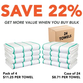 Arkwright White Beach Towels (30x60, 4-Pack), Soft 100% Cotton Pool Towels, Bath Towels with Horizontal Green Stripes