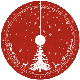 MACTING Reindeer Christmas Tree Skirt, Red 48 inch Snowflake Letters Xmas Tree Decorations for Winter New Year Party Decor Indoor Outdoor