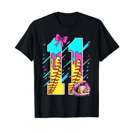 11th Birthday Softball Ice Cream Drip Bow 11 Years Kids Gift T-Shirt